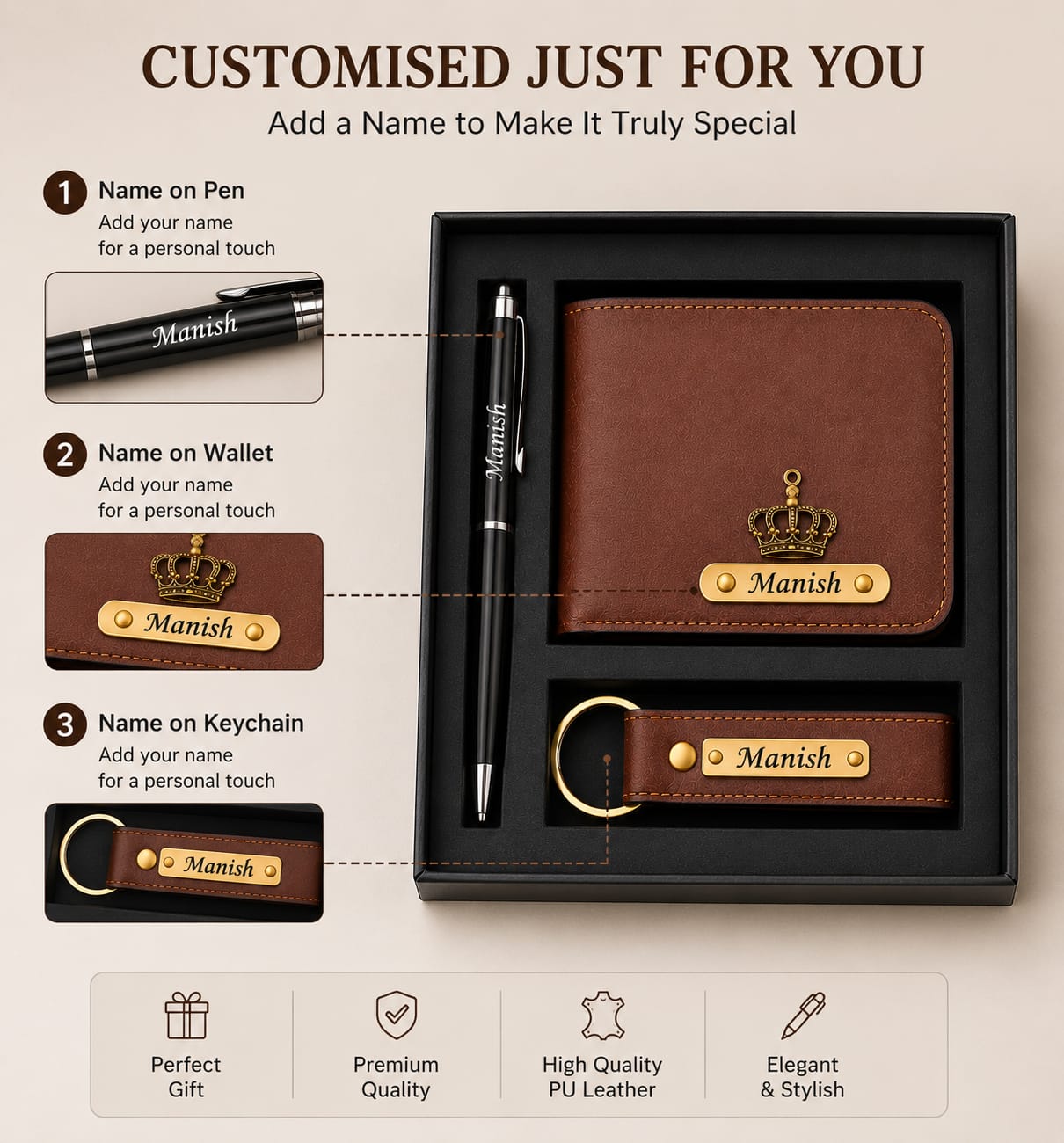 Personalized Wallet Pen Keychain Combo Gift Set for Men